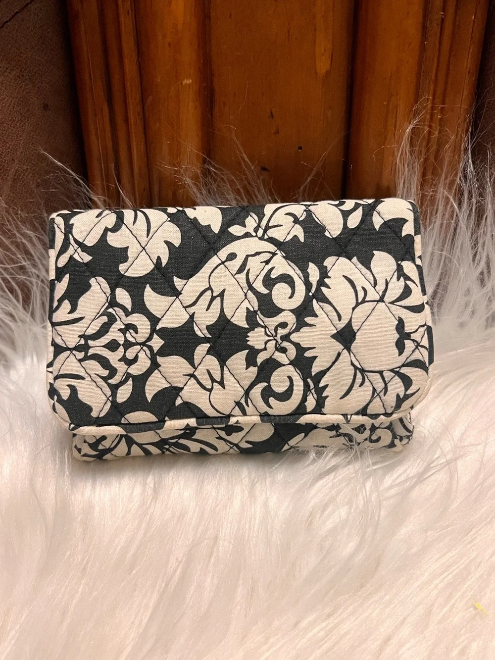 Quilted Black & Cream Floral Fold-Over Crossbody Bag